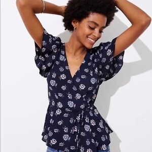 Loft Navy Blue Floral Print Wrap Blouse Women L Flutter Sleeve Top